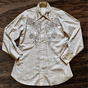 Vintage 60s H BAR C Western Shirt Embroidered Women’s Rodeo Pearl Snap Tan